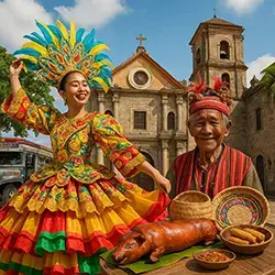 A collage depicting a Colorful Filipino cultural celebration with traditional costumes, historic architecture, and native cuisine.