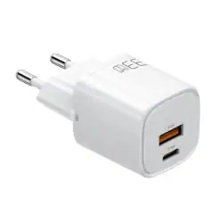 Компактно бяло гланцово зарядно устройства с общо два порта USB-C и USB-A. Xmart NanoSeries Gan с мощност 33W - 4