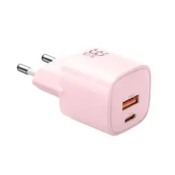 Компактно розово гланцово зарядно устройства с общо два порта USB-C и USB-A. Xmart NanoSeries Gan с мощност 33W - 1