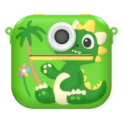 Фотоапарат играчка с термален принтер Xmart P9. Всяко дете може да заснеме видео и снимка през двете вградени камери и веднага да разпечата забавно копие на хартия. Защитен кейс зелен динозавър - 1