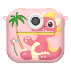 Фотоапарат играчка с термален принтер Xmart P9. Всяко дете може да заснеме видео и снимка през двете вградени камери и веднага да разпечата забавно копие на хартия. Защитен кейс розов динозавър - 1
