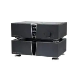 Vue avant du préamplificateur Halcro Equinox composé du bloc d'alimentation disposé en dessous et du bloc de préamplification au-dessus