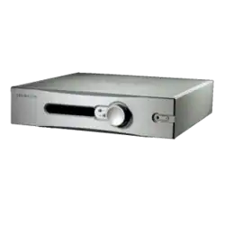 Préamplificateur Trilogy Audio 915R avec écran éteint vu de face avec son gros bouton de volume, deux petits boutons ronds de sélection et son petit bouton rond séparé de marche-arrêt