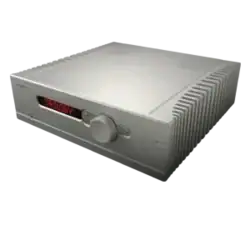 Intégré hybride Trilogy Audio 925 avec son écran allumé sur lequel le nom de la marque est indiqué en rouge