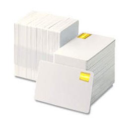 Magicard M9006-796 HoloPatch cards are white with a gold security HoloPatch in one corner. They are standard CR80 size PVC cards.