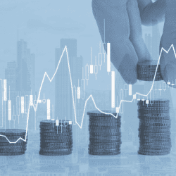 Image of money and funds increasing with London skyline background