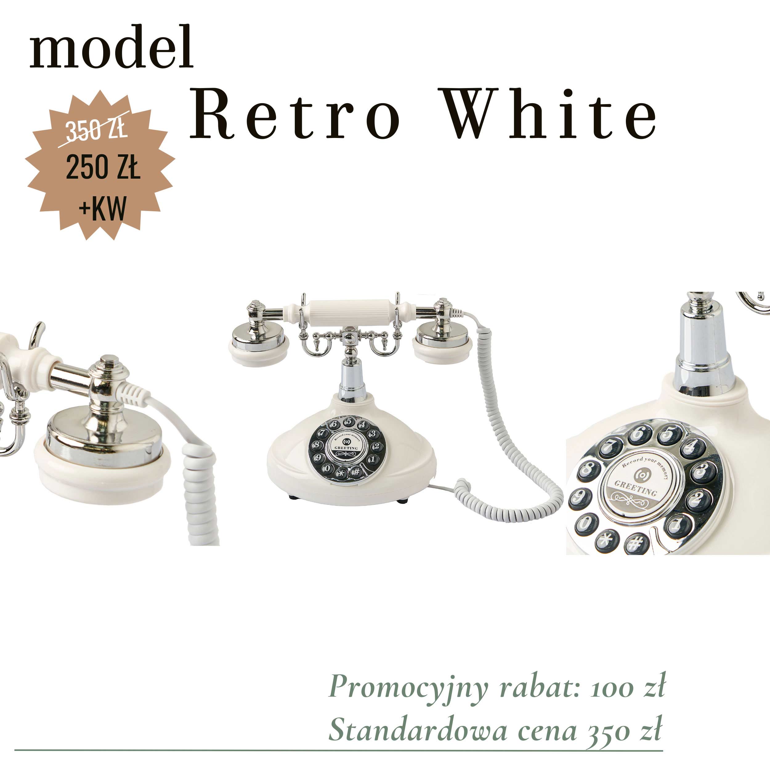 Klasyczny biały telefon życzeń Retro White – elegancka audio księga gości pasująca do tradycyjnych i romantycznych dekoracji weselnych