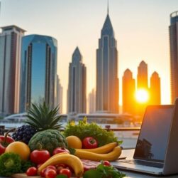 Dubai skyline, office buildings, healthy food.