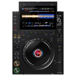 ALPHATHETA CDJ-3000X PROFESSIONAL DJ MULTIPLAYER SHOWING THE LARGE CENTER JOG WHEEL,DISPLAY SCREEN AND PERFORMANCE CONTROLS.