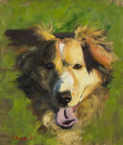 Custom oil portrait of Nela, a black, white and tan dog, painted against a fresh green background.