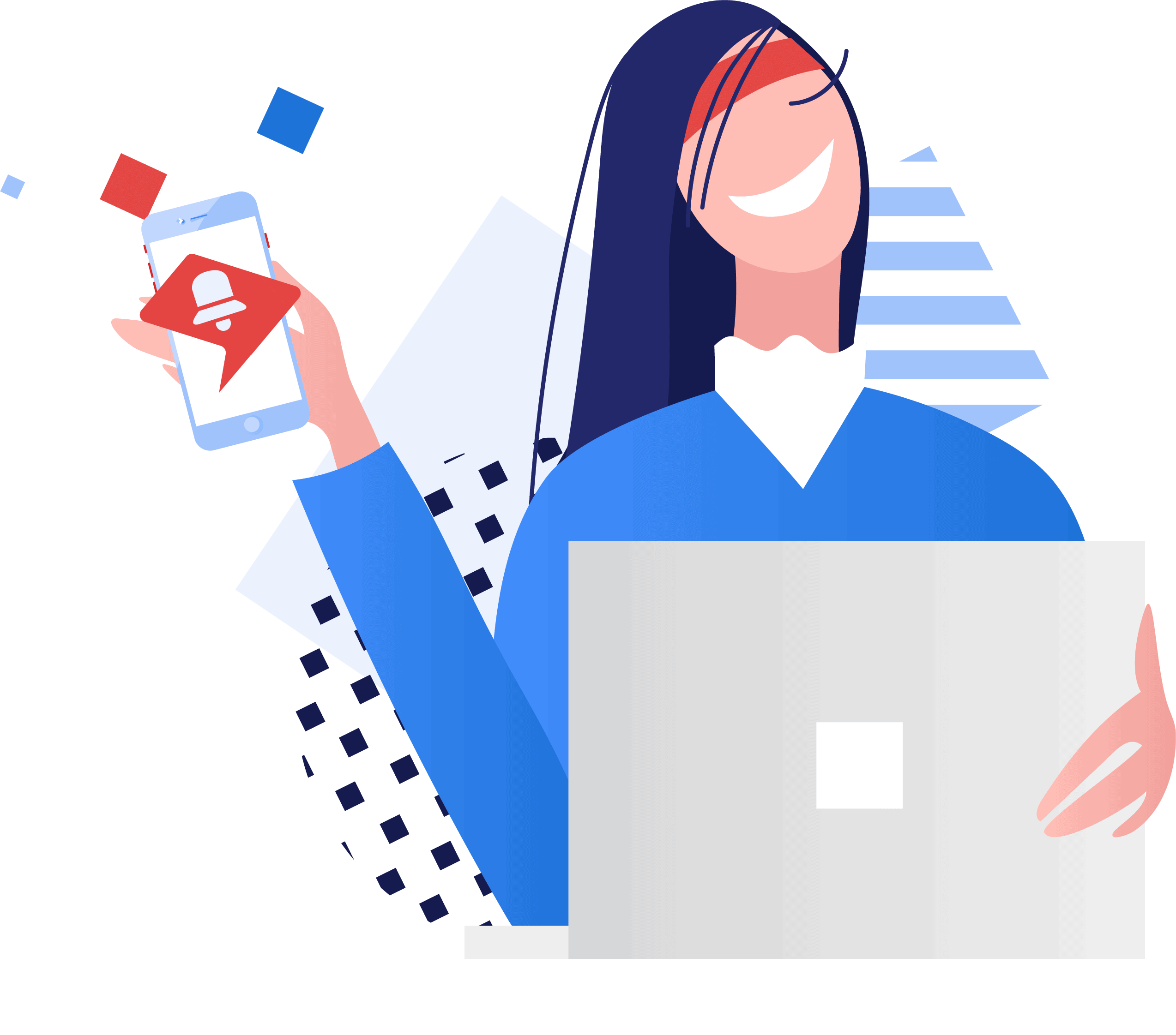 clip-phone-laptop-both An illustration of a woman sitting at a laptop computer holding a cell phone