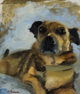 Hand-painted oil portrait of Dante, a tan dog with dark ears and an alert expression, created as a custom pet commission.