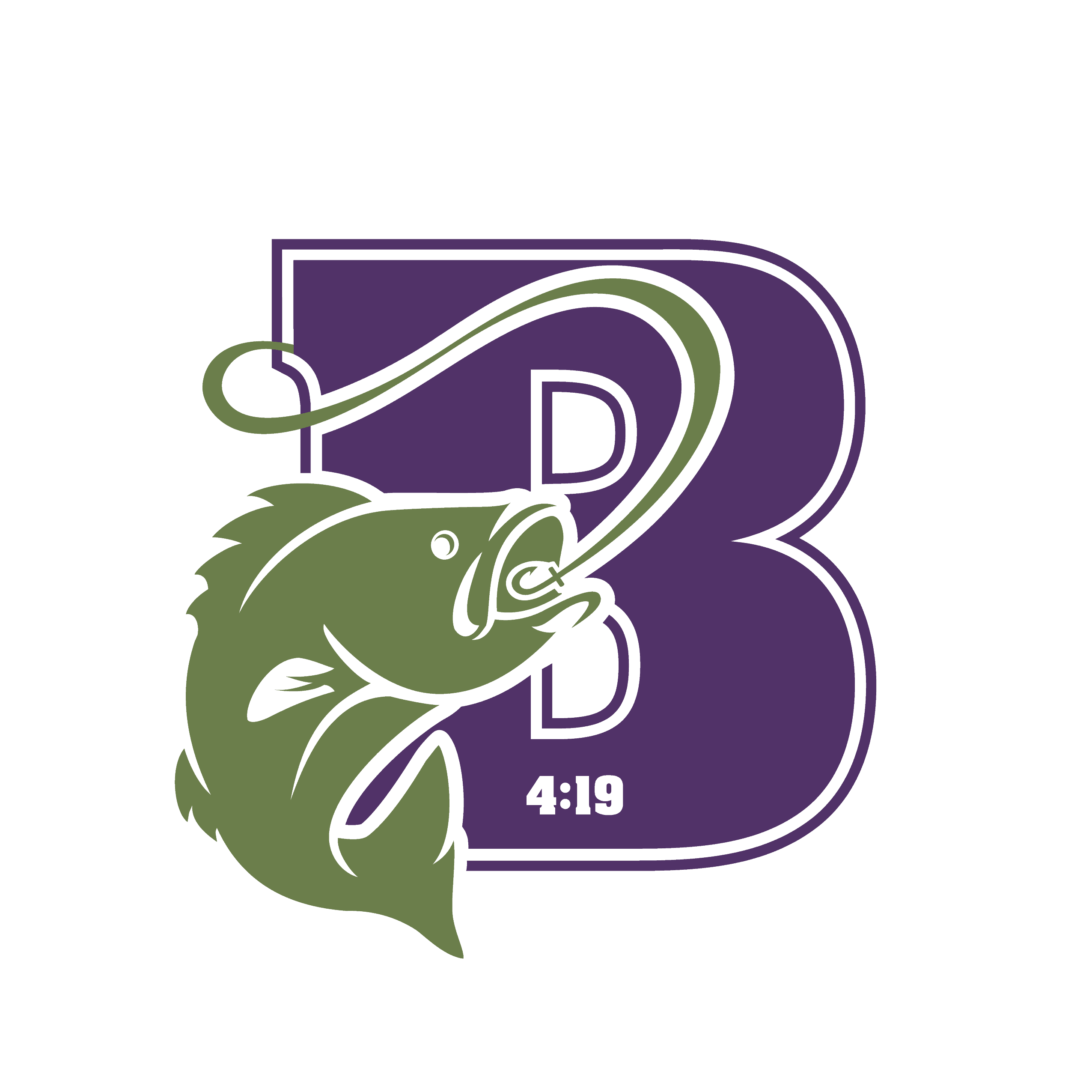 Boerne Bass Club logo – a leaping bass on a purple B with the verse reference 4:19