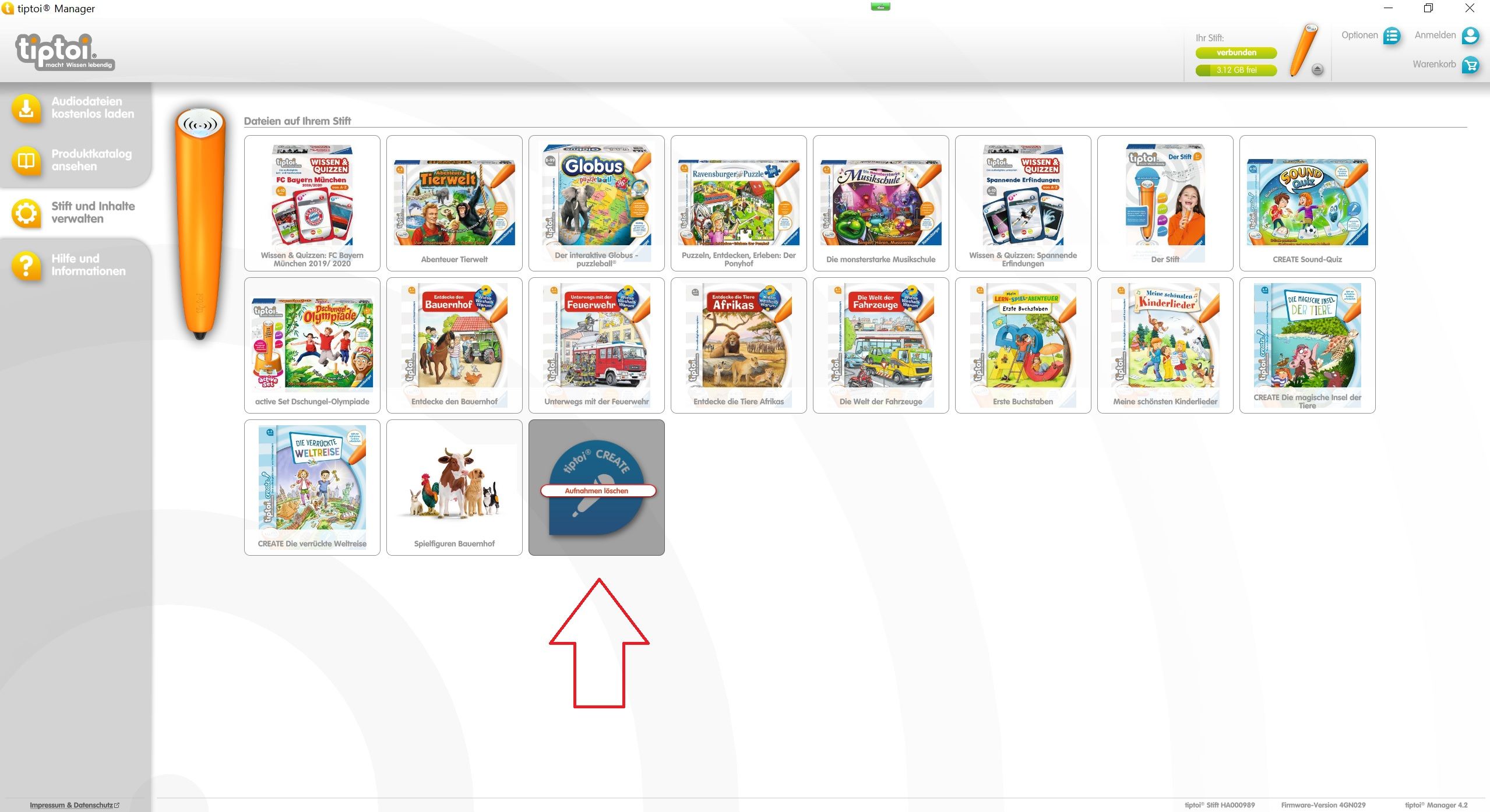 Der Tiptoi-Manager für den Computer (Screenshot Ravensburger)