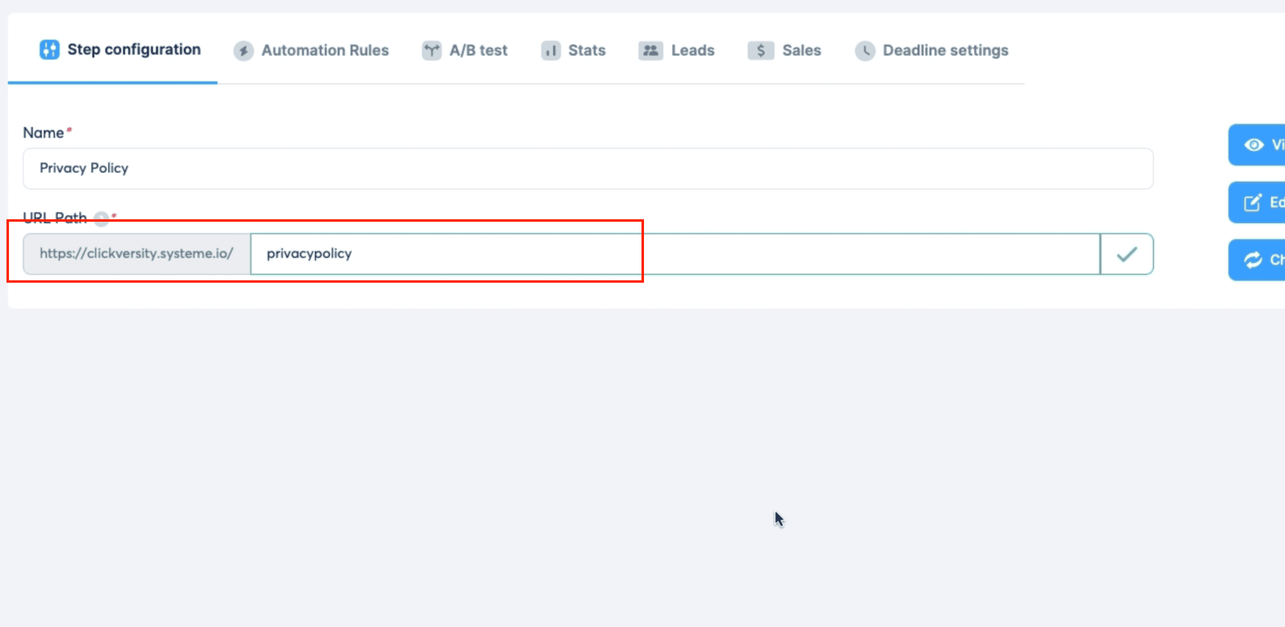 Edit the URL path to systeme.io privacy policy page