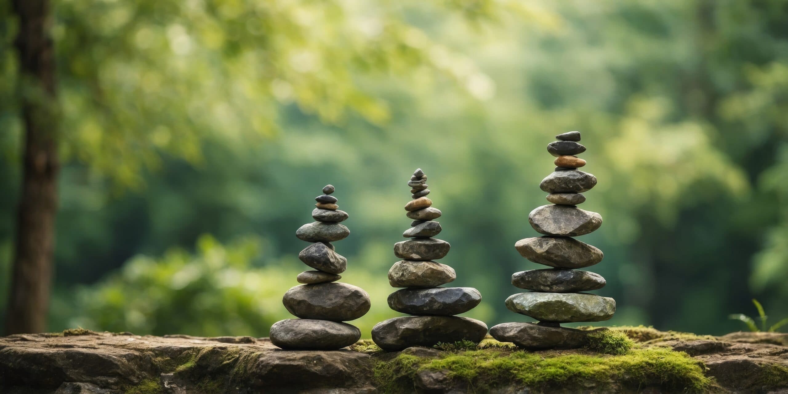 Three stacks of rocks stacked mindfully in a green mossy scene.