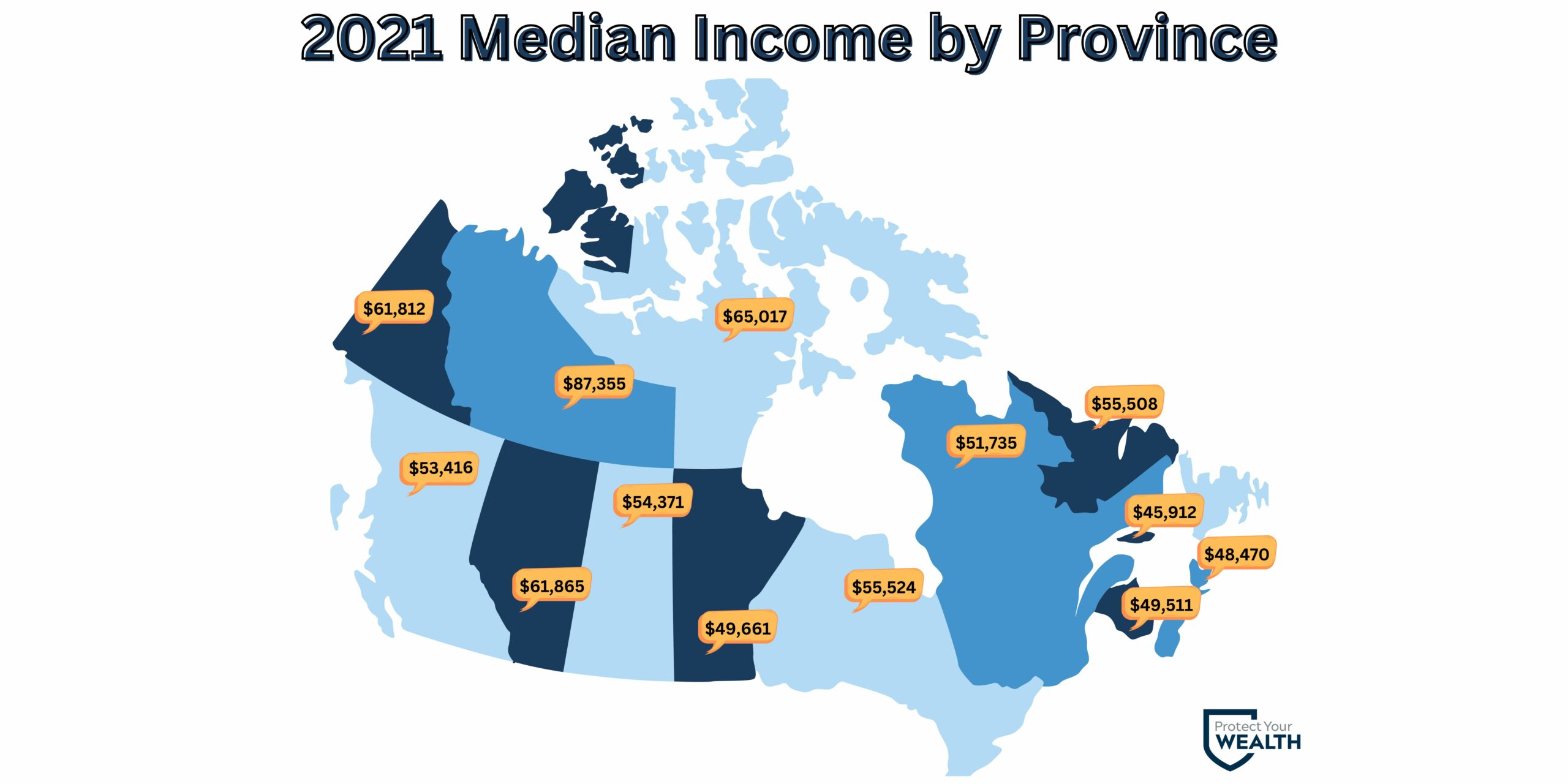 Map of Canada displaying median income by province in 2021