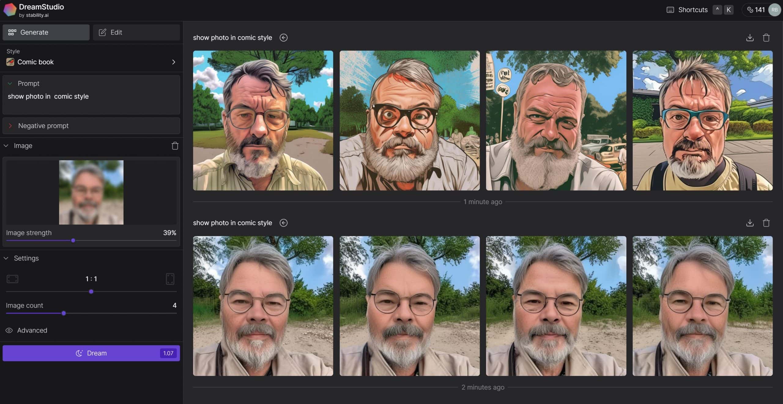 DreamStudio: Bilder generieren und manipulieren (Screenshot)
