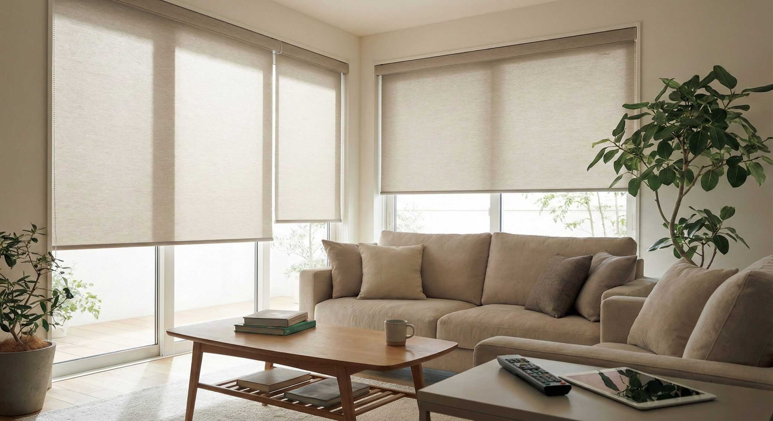 Bright, contemporary living room with beige sofas, large windows with roller blinds, and lush indoor plants.