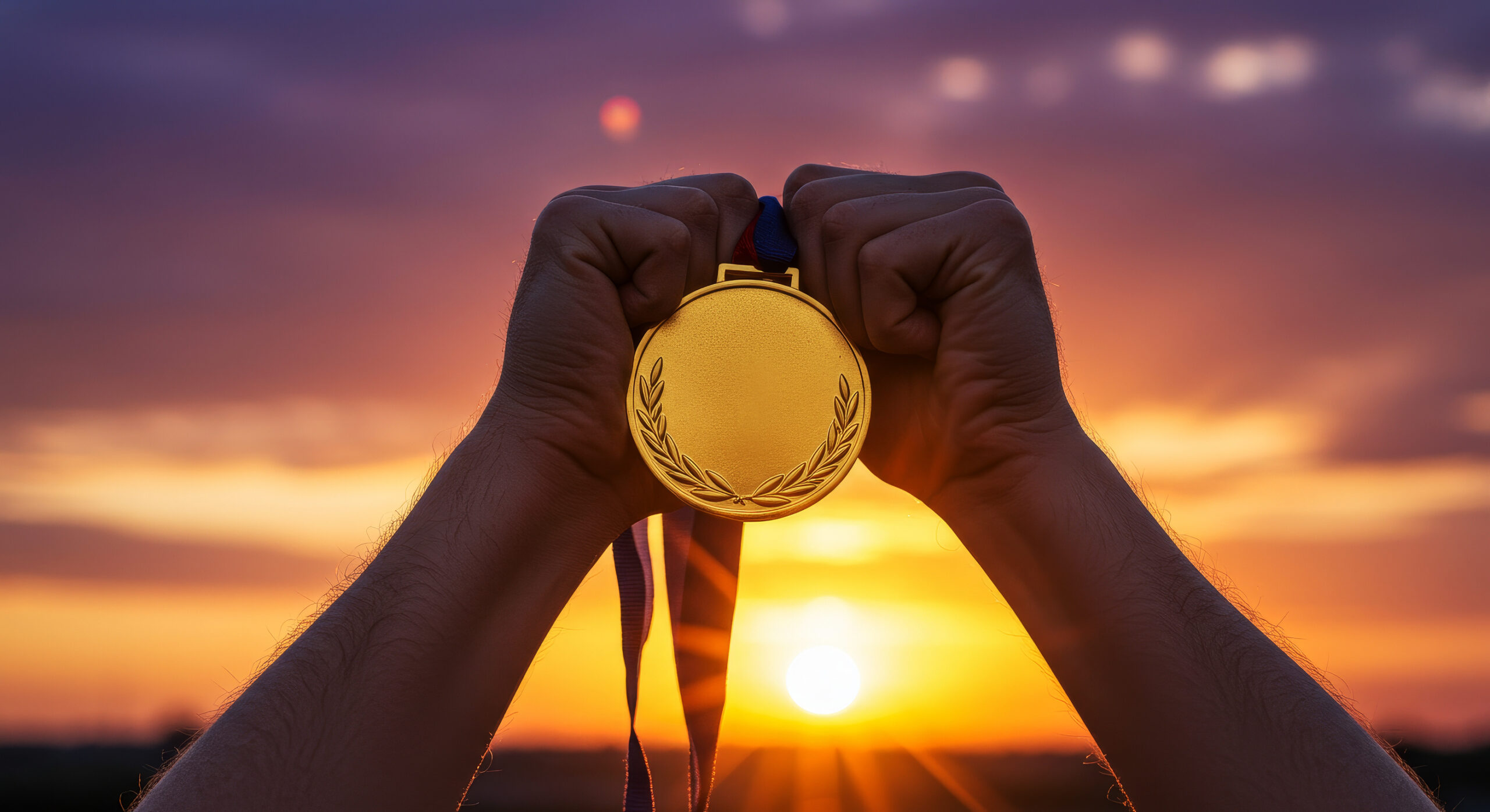 silhouette imabe off two hands holding a gold medal at sunset in a position of victory.