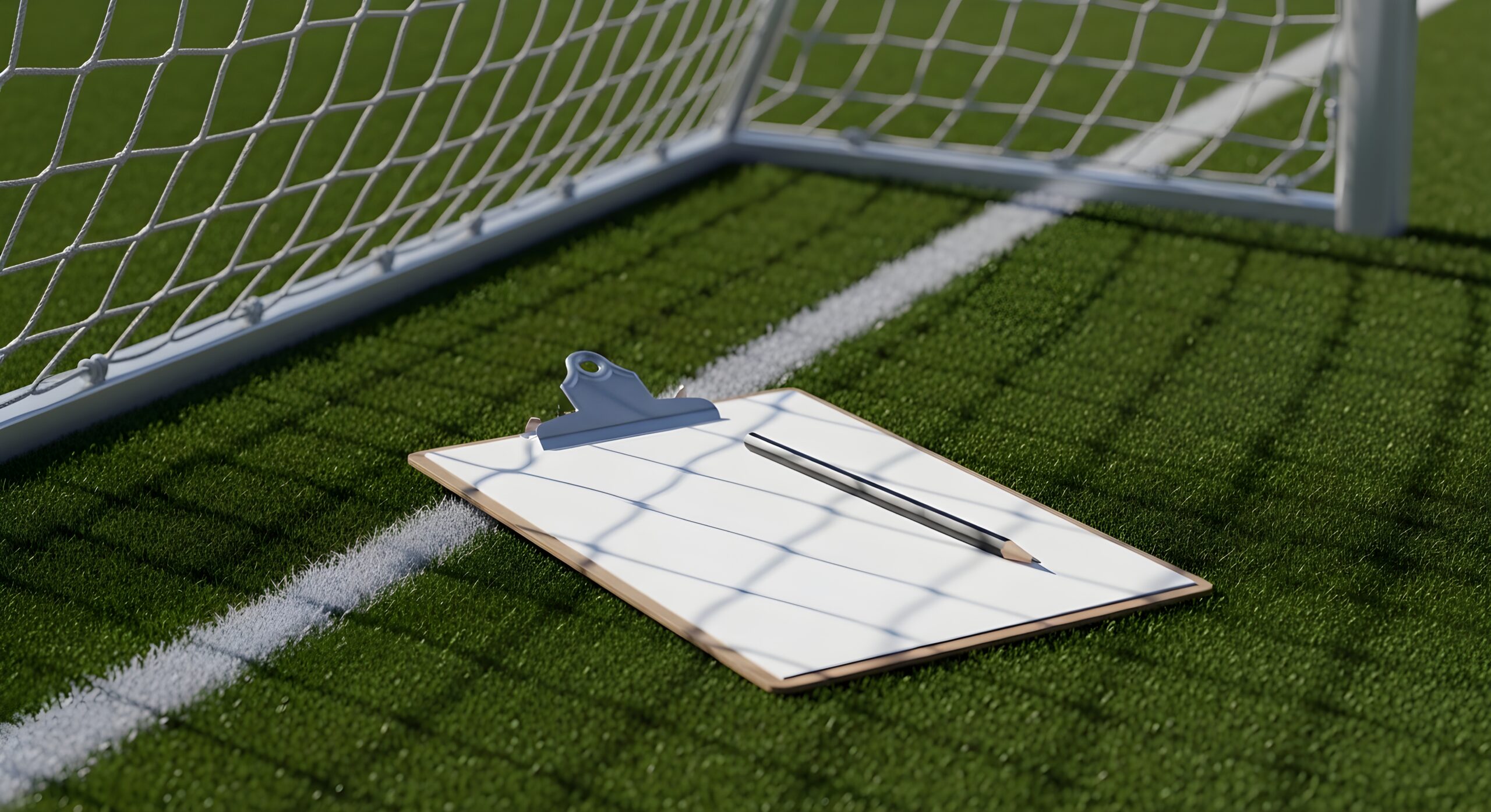 Realistic image of a clipboard in front of a soccer goal on a lush green soccer field.