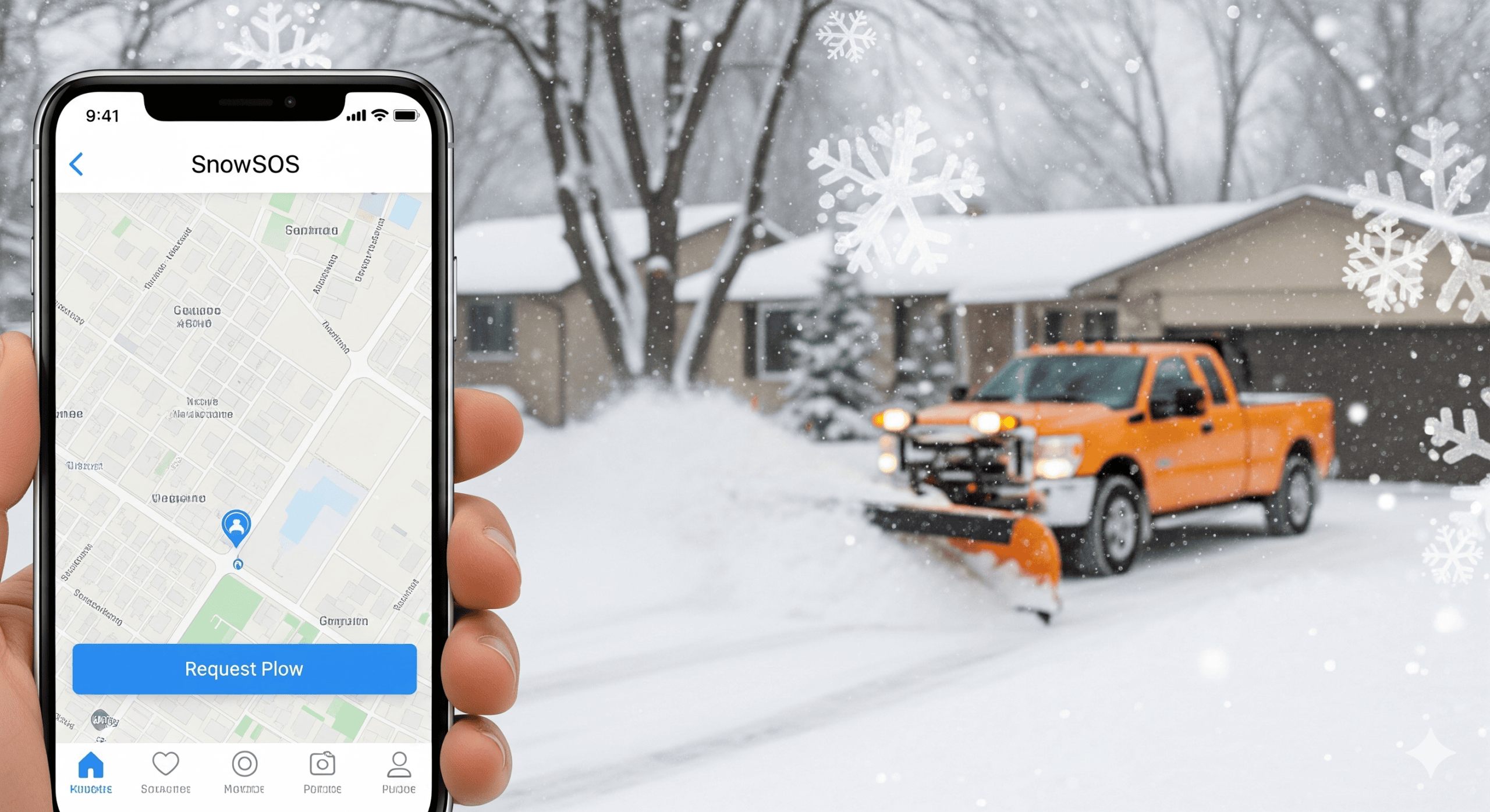A close-up of a hand holding a smartphone displaying the SnowSOS app interface with a large "Request Plow" button. In the background, a blurry yellow pickup truck is actively plowing heavy snow from a suburban driveway during a Minnesota winter storm