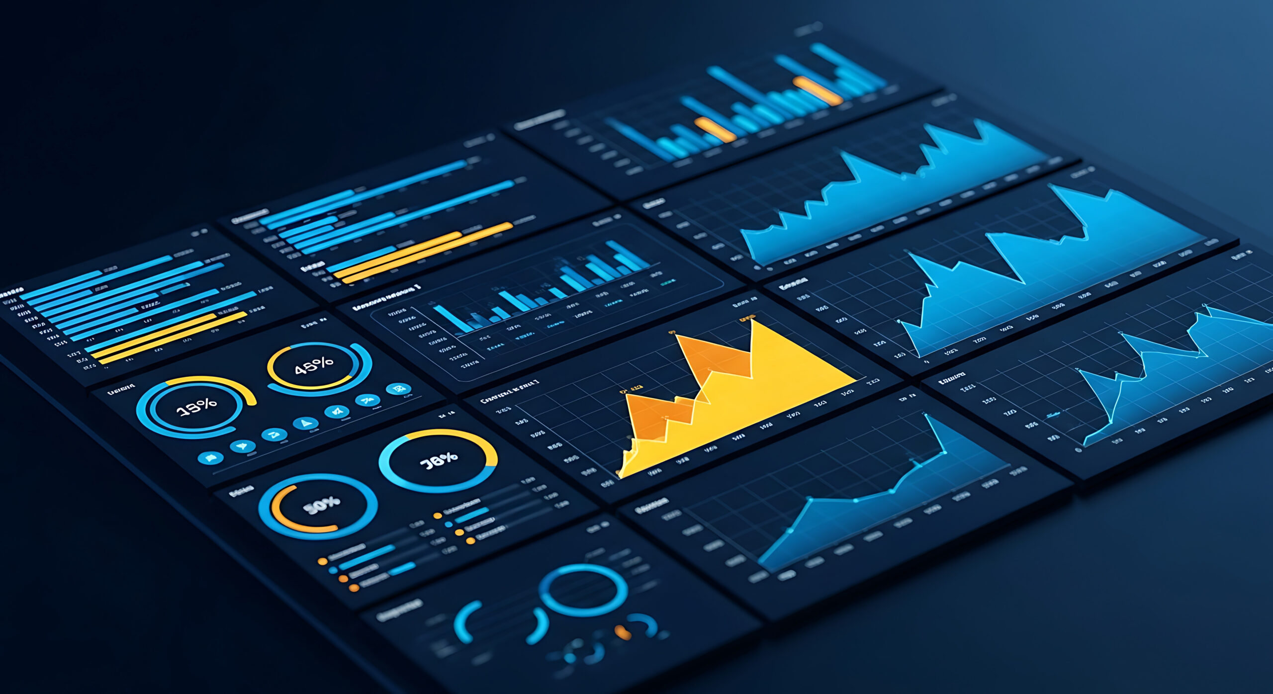 Mehrere Dashboard-Module für Unternehmensanalysen, die Leistungskennzahlen, SLA-Berichte und Compliance-Daten aus verschiedenen Geschäftssystemen anzeigen
