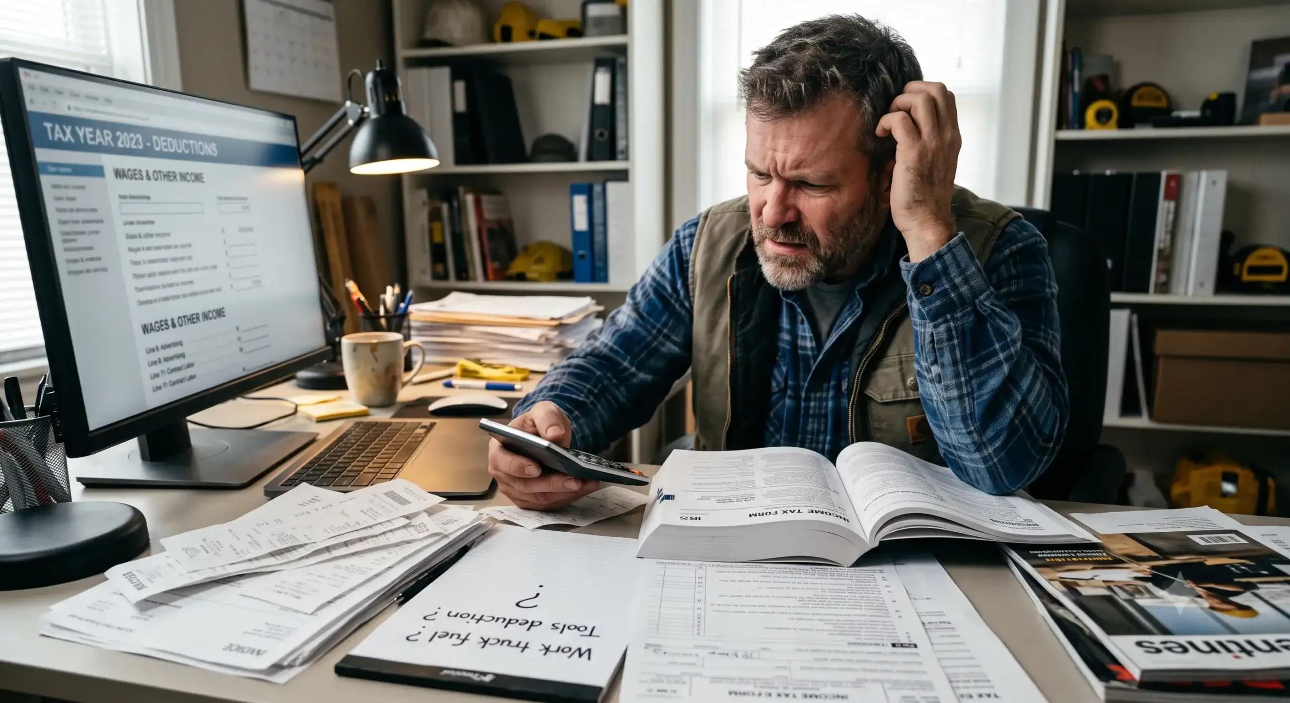 A contractor in his home office with piles of receipts, papers and books on his desk, trying to calculate which expenses are tax deductible.