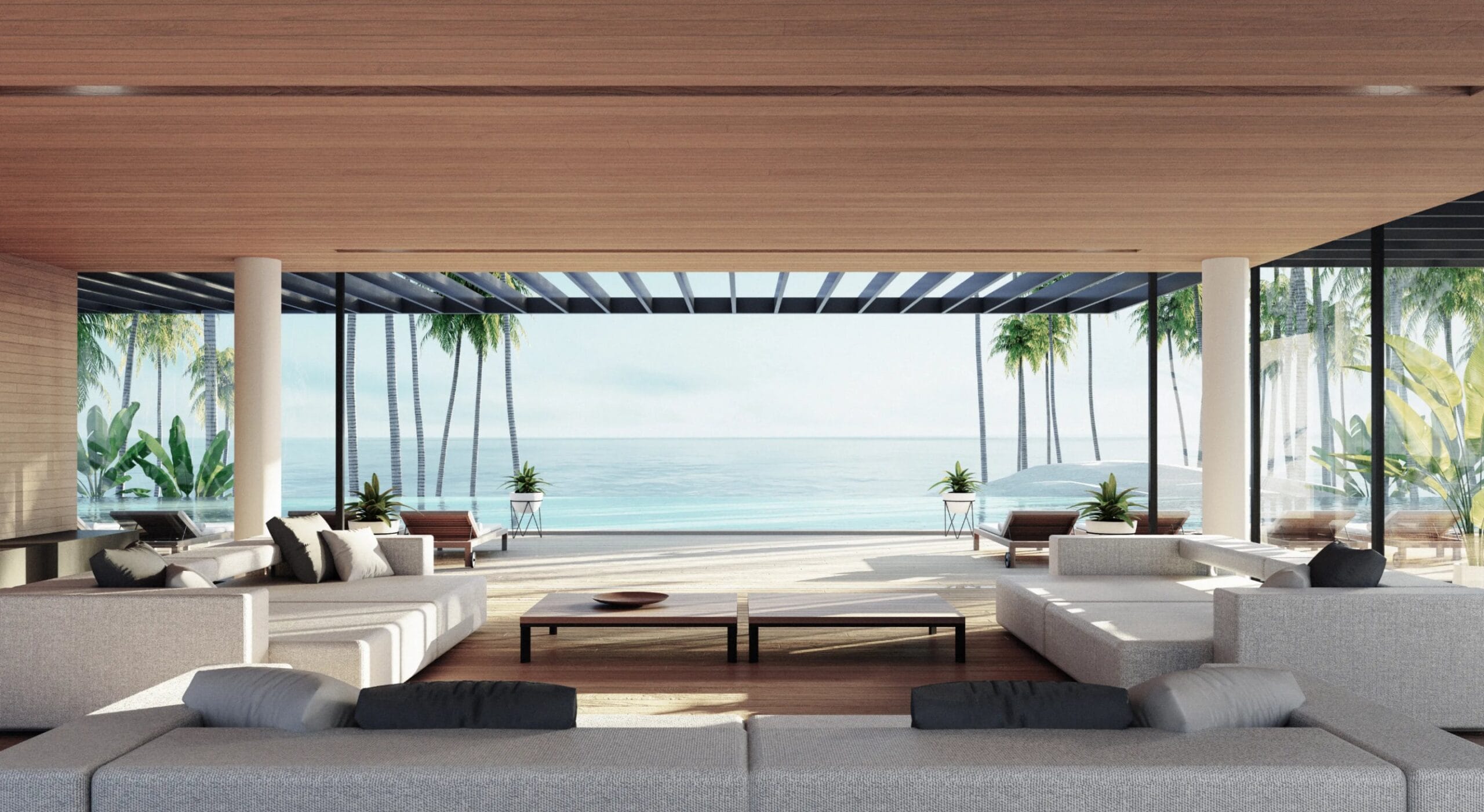 Stunning beachfront hospitality design featuring a modern, minimalist hotel lobby overlooking a palm tree lined ocean