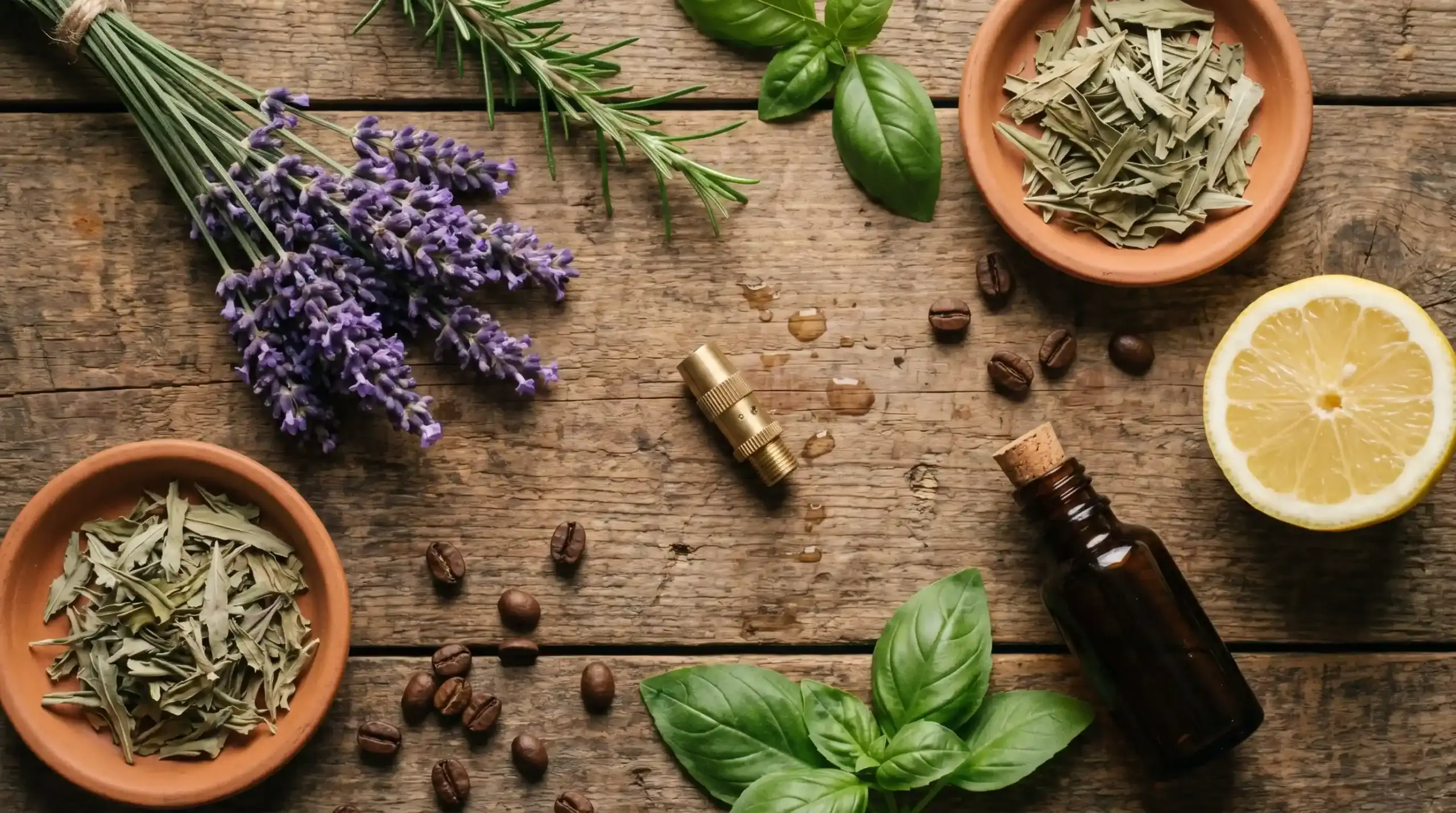 Ingredienti naturali per nebulizzazione antizanzare con oli essenziali, lavanda, basilico, foglie aromatiche e flacone in vetro.