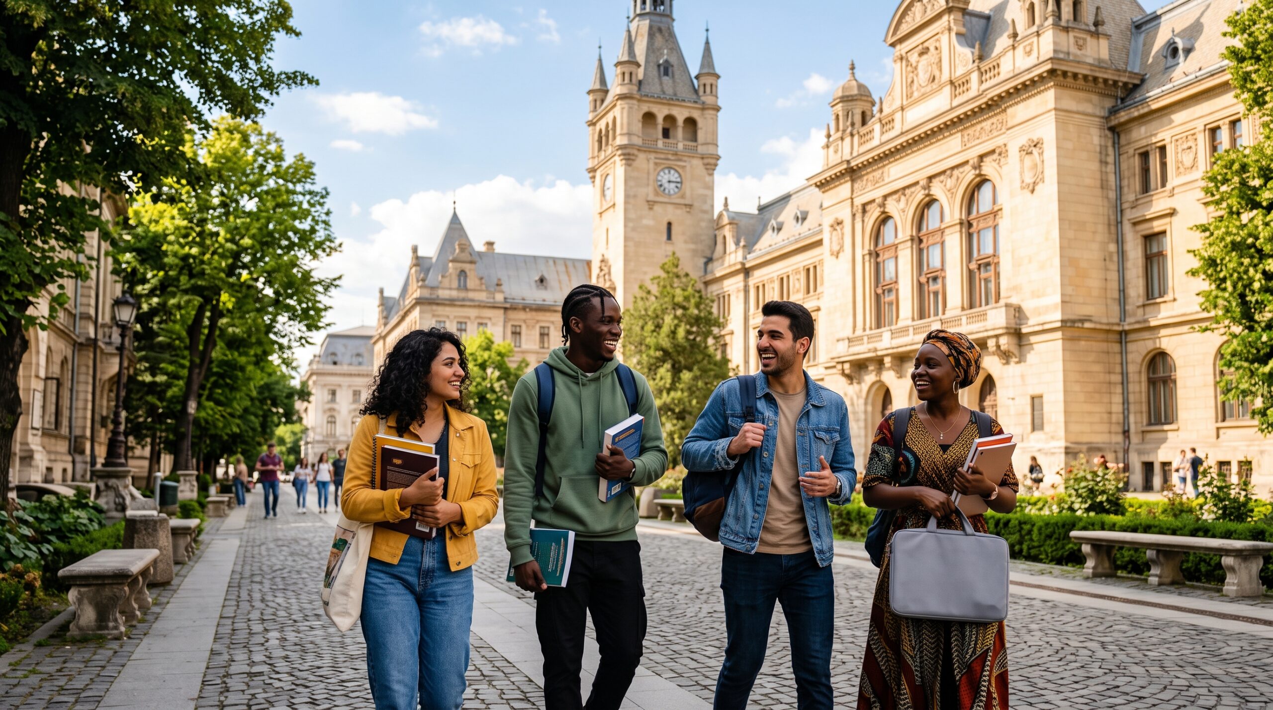 International students on a Romanian university campus, funded by the Romanian Government Scholarship