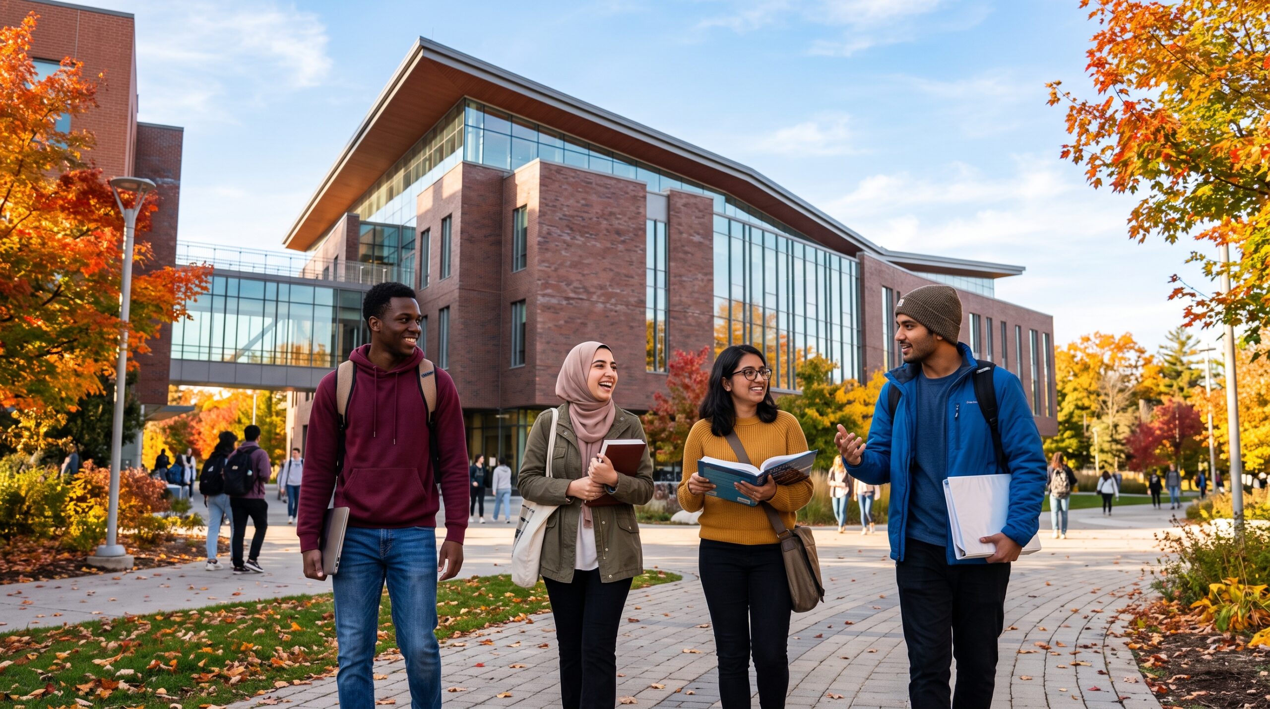 International students on a Canadian university campus in autumn, exploring scholarships in Canada