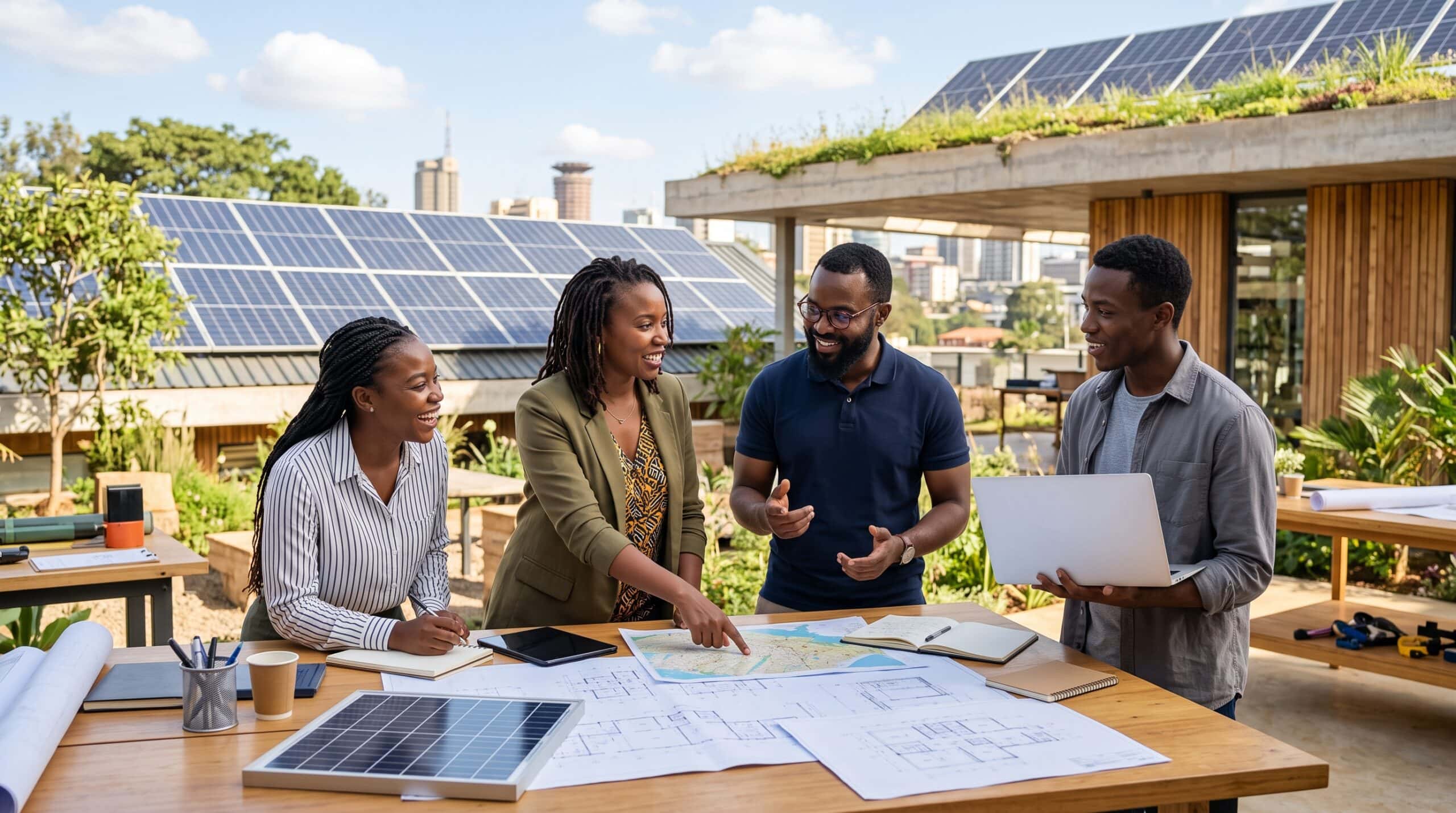 African climate entrepreneurs collaborating on a green business project, part of the Acumen Green RISE Africa Fellowship