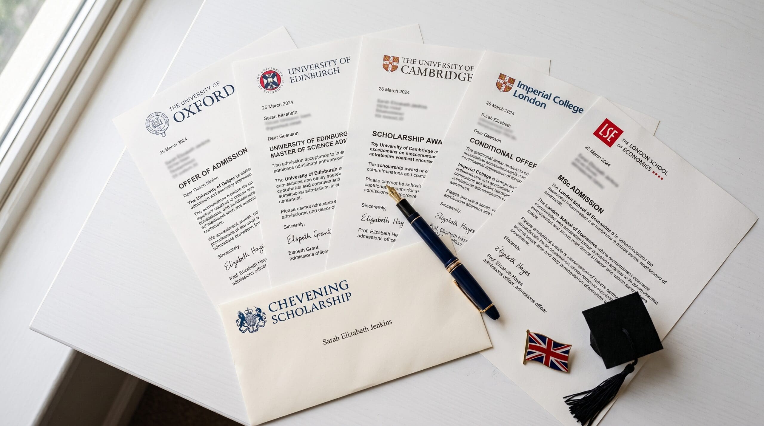 Five different types of scholarship recommendation letters arranged on a desk with a fountain pen, representing the complete guide to scholarship recommendation letters including academic, employment, character, and Chevening reference letters in 2026