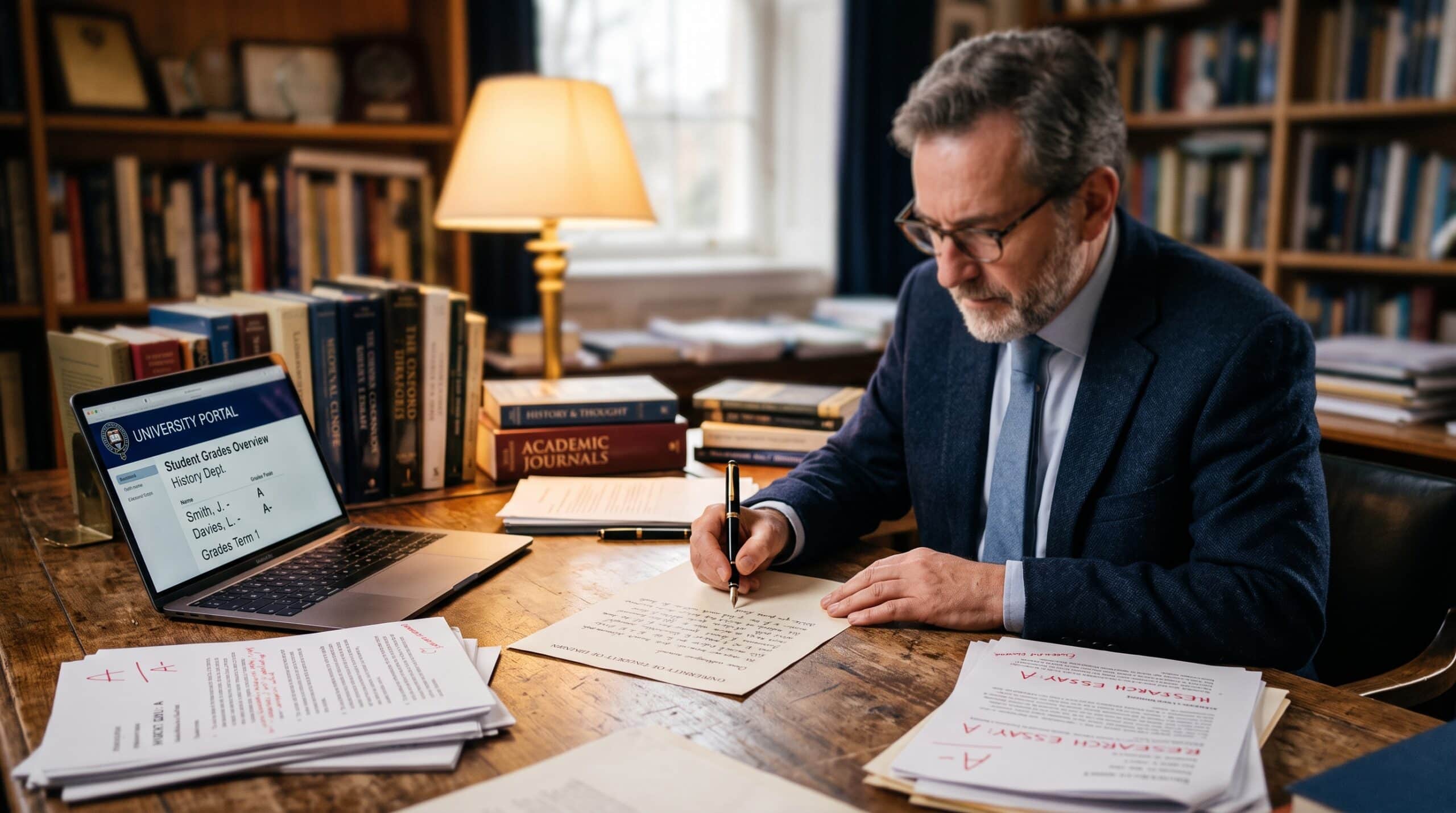 A university professor writing an Academic Recommendation Letter for Scholarship application, representing the complete guide to academic reference letters for scholarships in 2026