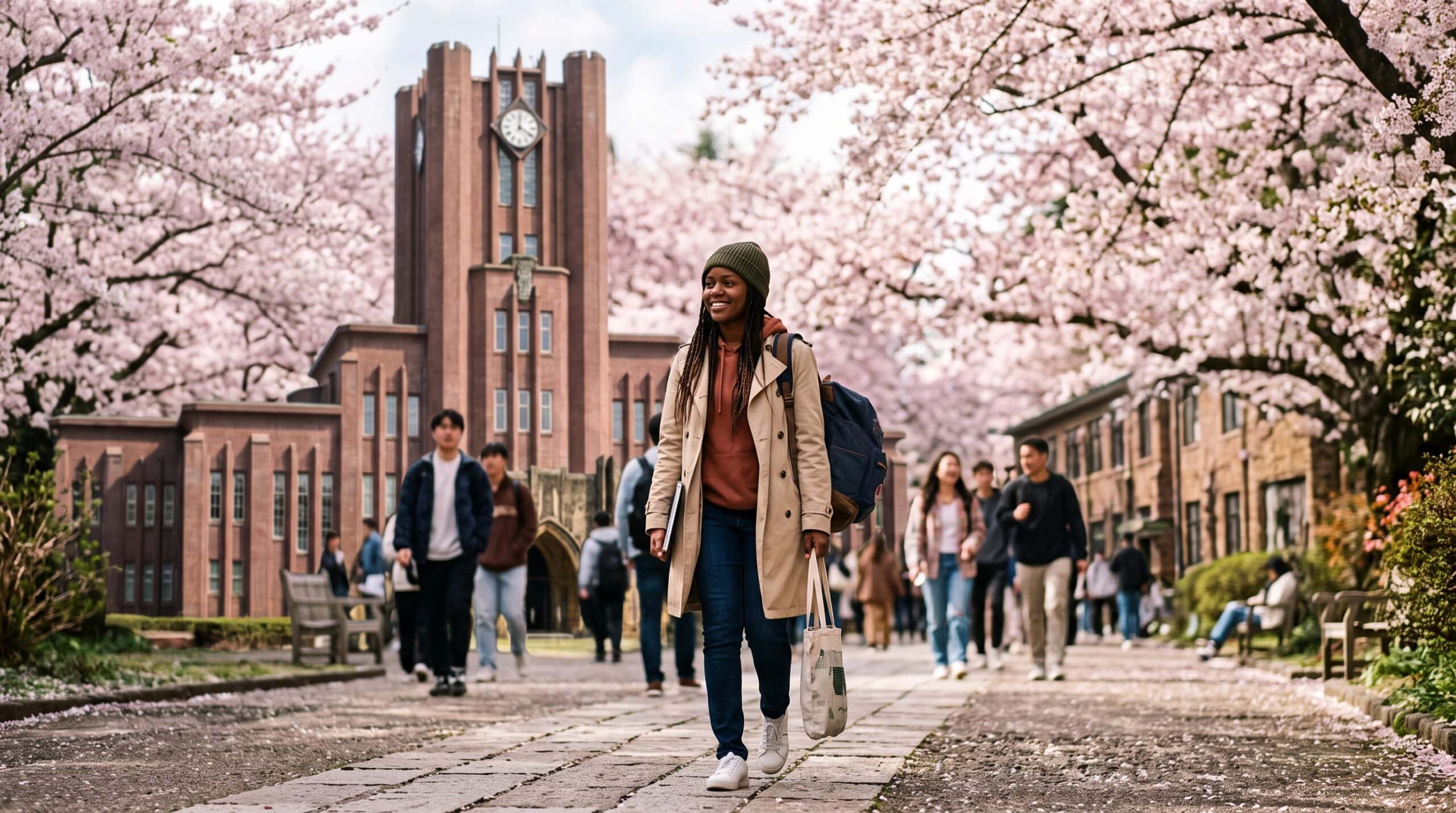 nternational student holding books in front of a Japanese university, representing the MEXT Scholarship 2027 for study in Japan