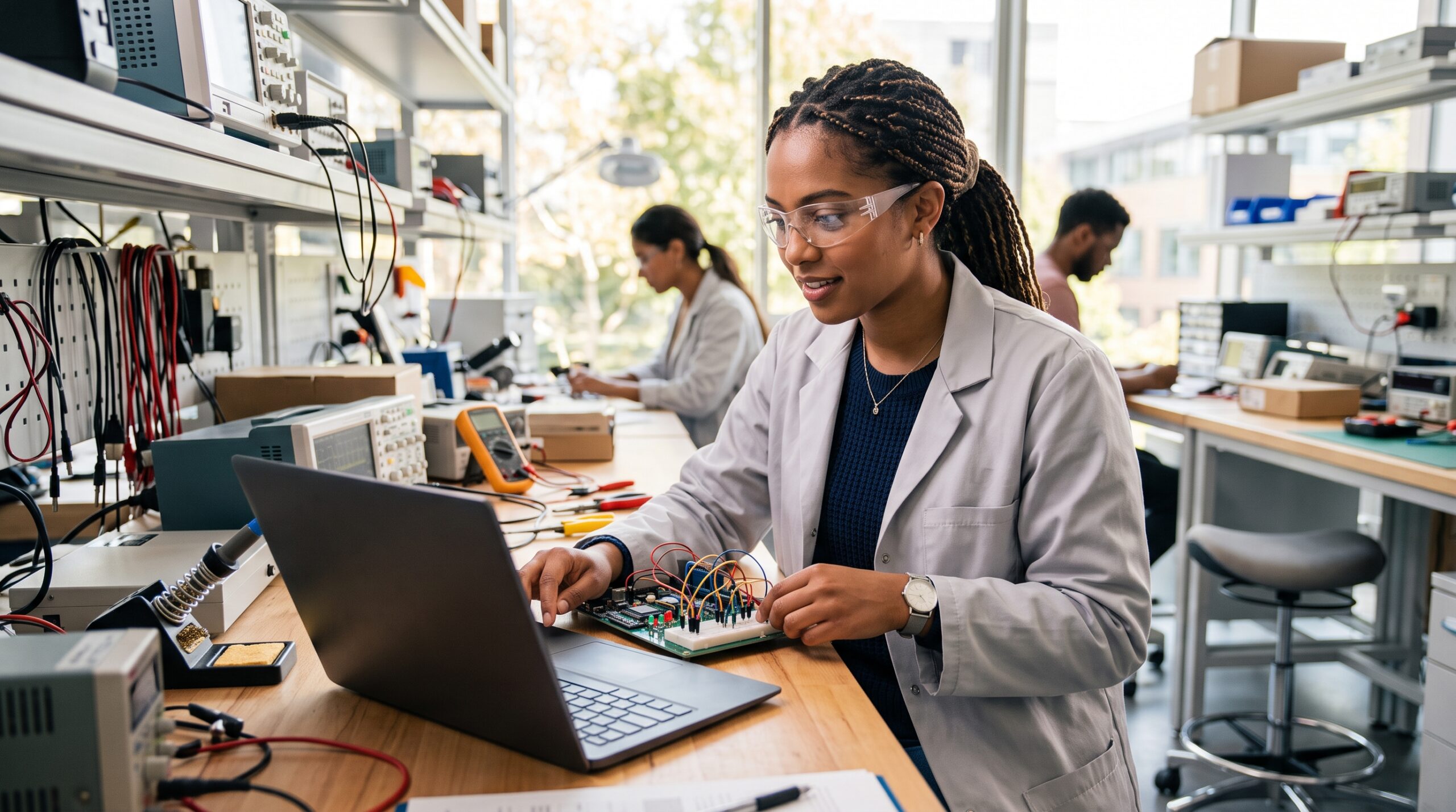 Woman working in a technology lab, recipient of a scholarships for women in STEM