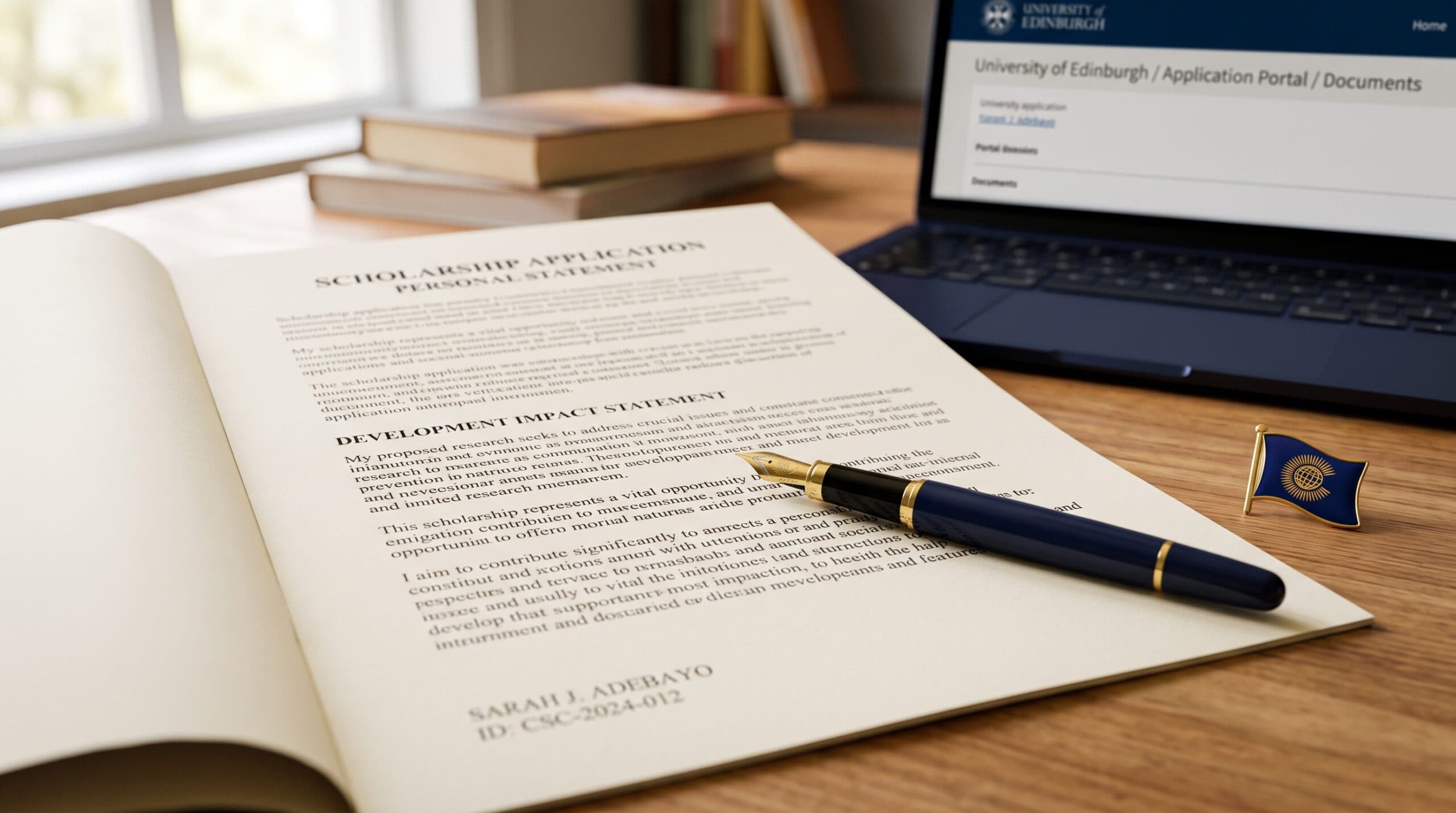 A Commonwealth Scholarship personal statement and Development Impact Statement on a desk with a fountain pen and Commonwealth flag badge pin, representing the complete official guide to the Commonwealth Scholarship personal statement including CSC selection criteria and two full example sets for 2027