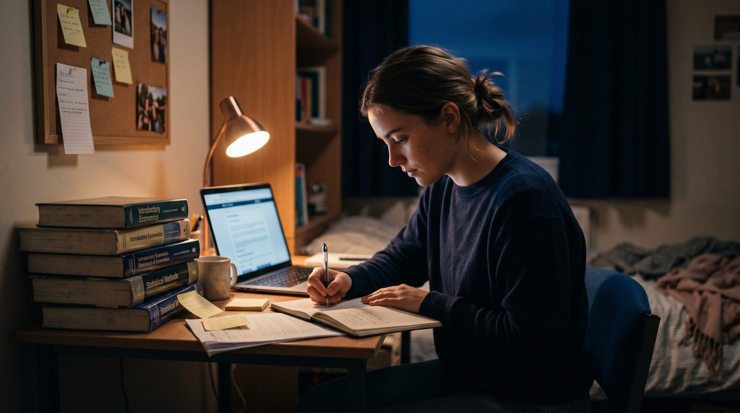 A university student writing a need-based scholarship personal statement in a notebook at a modest desk with a laptop and textbooks, representing the complete guide to writing about financial need in scholarship applications with dignity and the Facts and Future framework in 2026