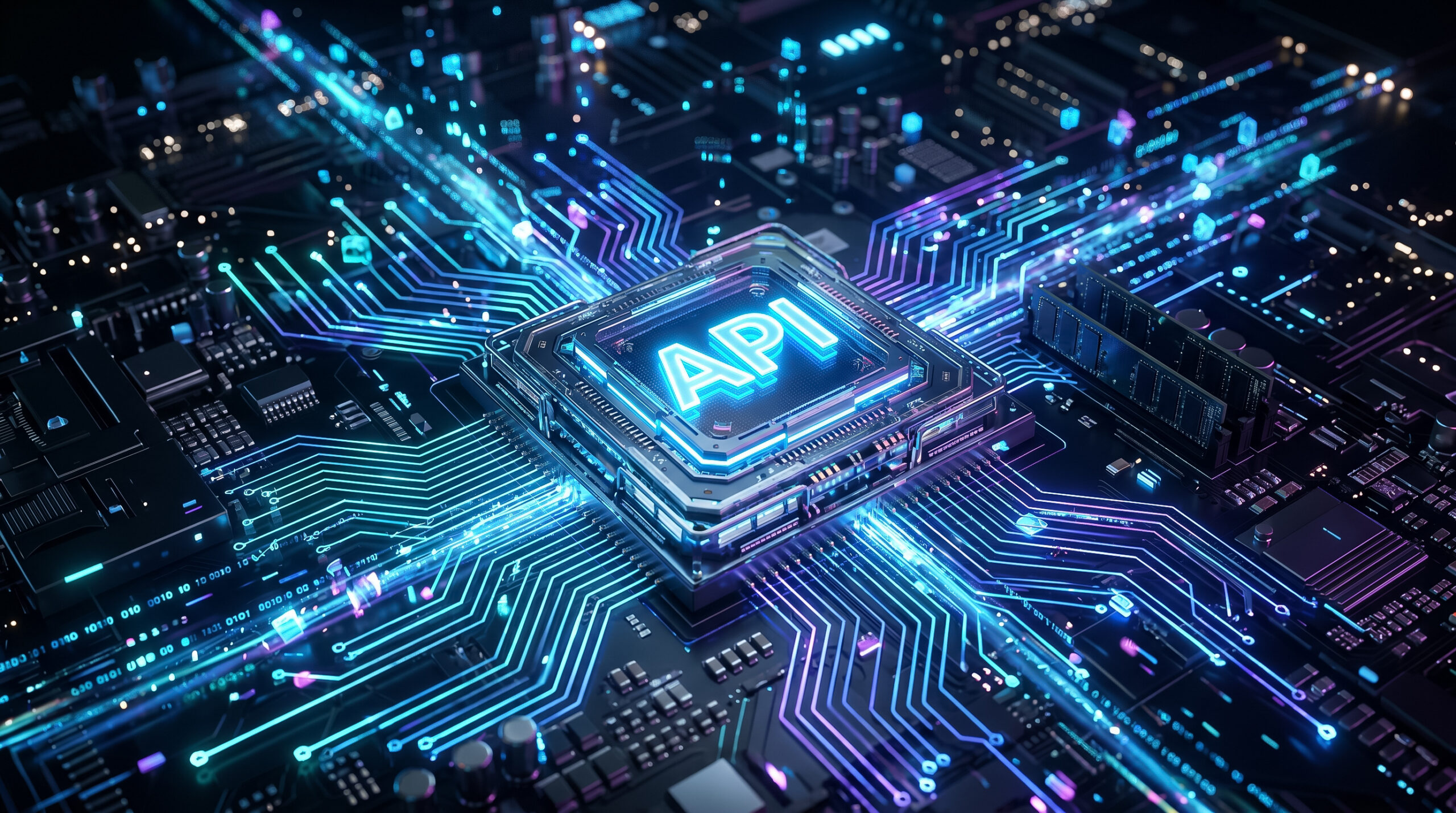 Beleuchteter API-Prozessorchip auf einer Leiterplatte mit strahlenförmig verlaufenden Verbindungsleitungen, die die Integration von Unternehmenssystemen über ITSM- und Cloud-Plattformen hinweg veranschaulichen