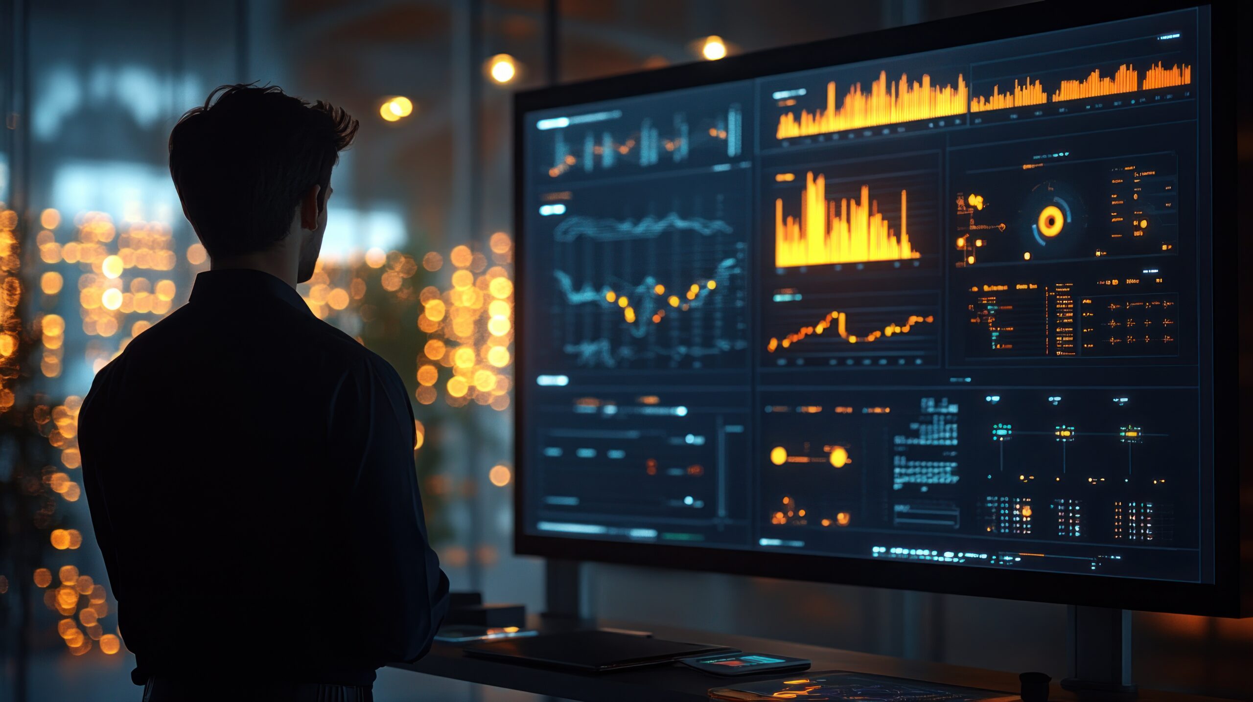 IT-Experte, der ein Echtzeit-Analytics-Dashboard überprüft, auf dem Trenddaten und Muster der Systemleistung in einer „Dark Operations“-Umgebung angezeigt werden