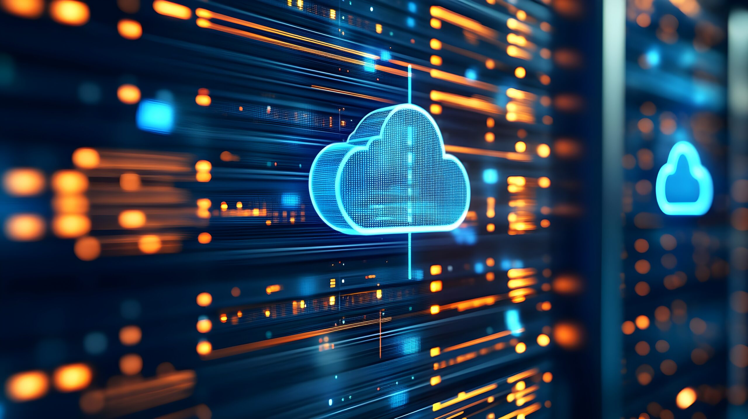 Digitale Cloud-Symbole, die über eine beleuchtete Serverinfrastruktur gelegt sind und die einheitliche Überwachung der Hybrid-Cloud- und lokalen SAP-Umgebung darstellen