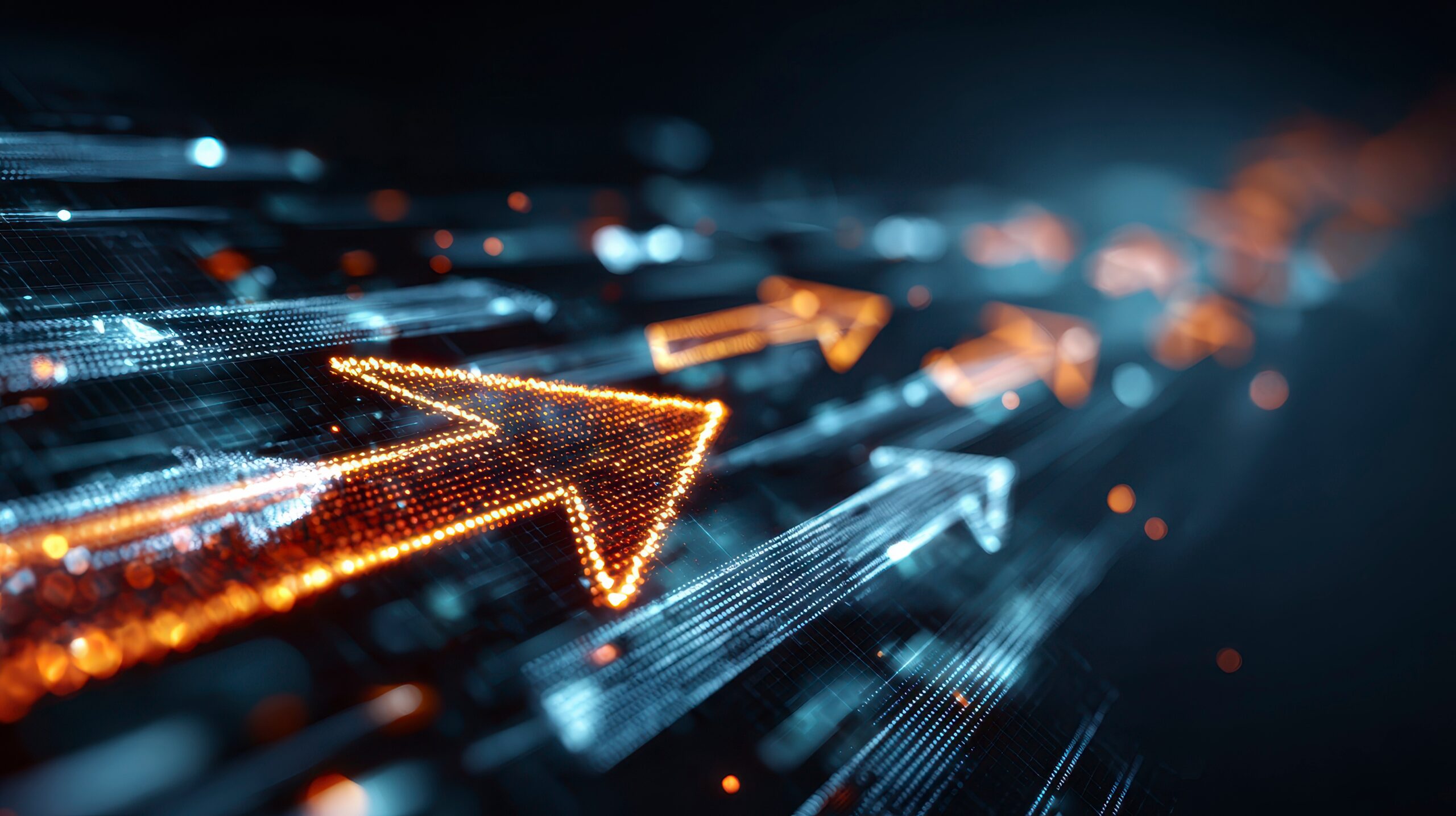 Multiple illuminated digital arrows moving forward in a technology environment representing enterprise progress and strategic momentum in SAP modernization