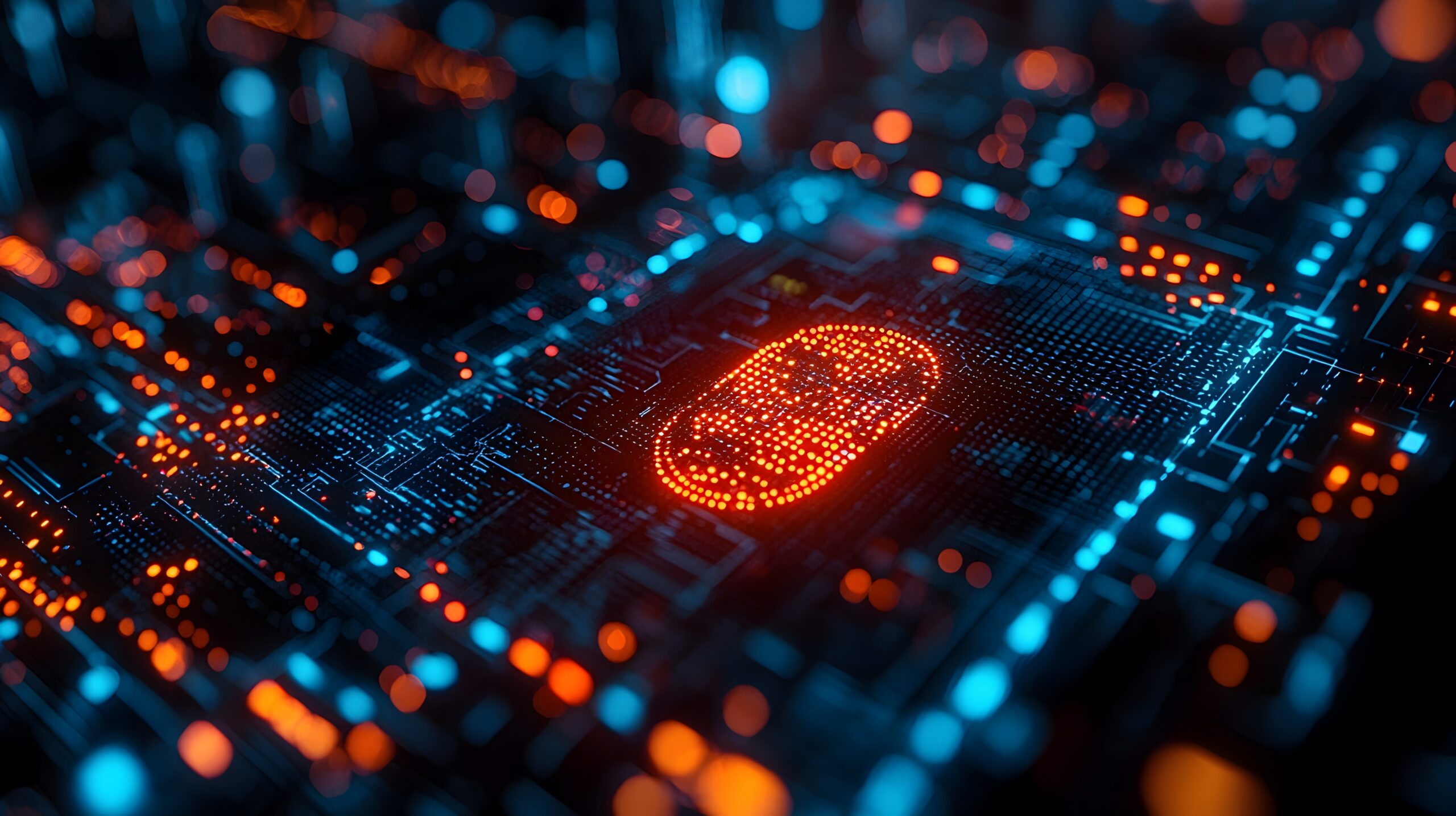 Beleuchtetes digitales Vorhängeschloss auf einer leuchtenden Leiterplatte als Symbol für die automatisierte Überwachung der SAP-Sicherheitskonformität und den Schutz der Konfiguration