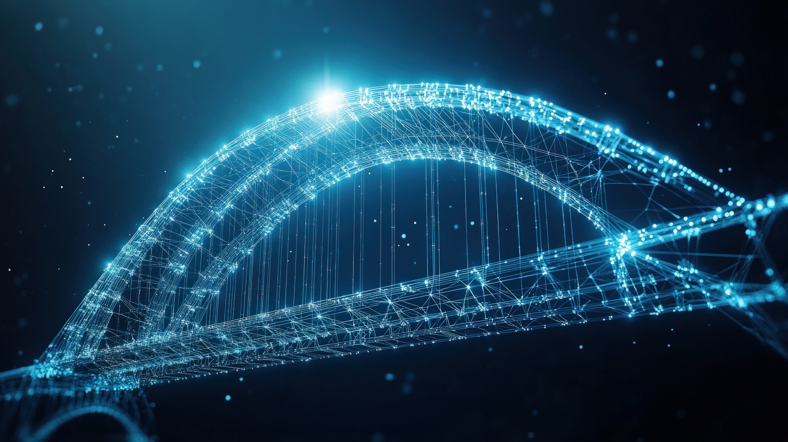 Leuchtende digitale 3D-Brücke, die den Übergang vom SAP Solution Manager zum Cloud ALM darstellt.