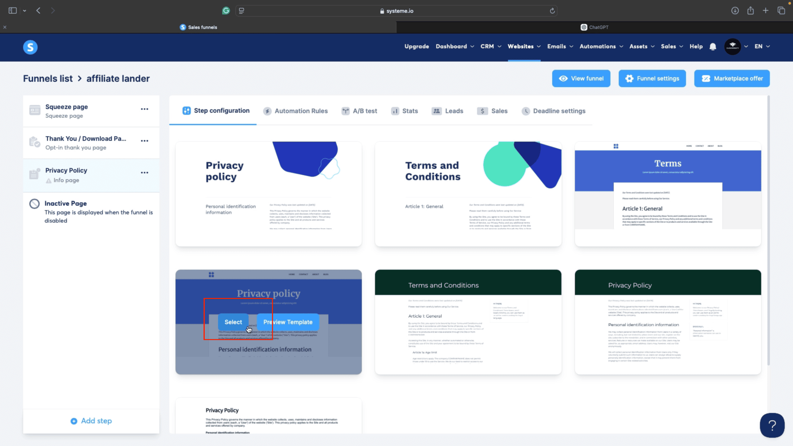 Choosing a Template in systeme.io for privacy policy page