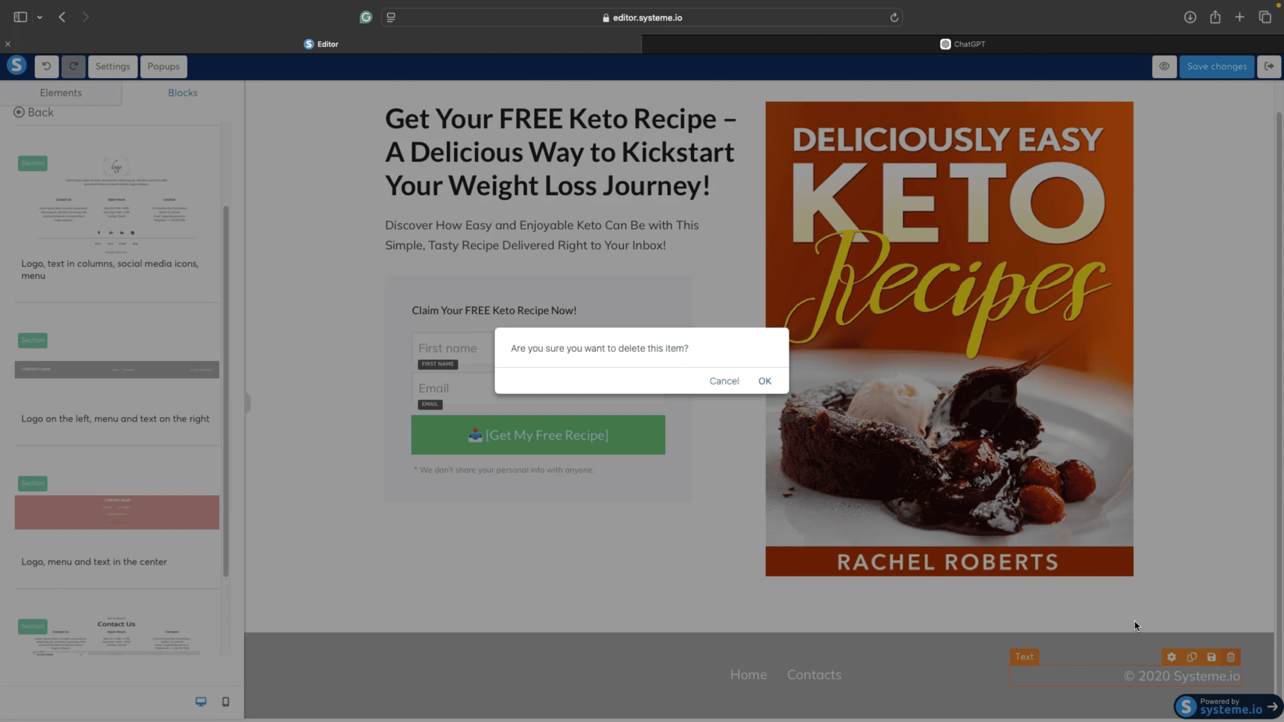 Delete unnecessary elements, like company name or extra links in systeme.io