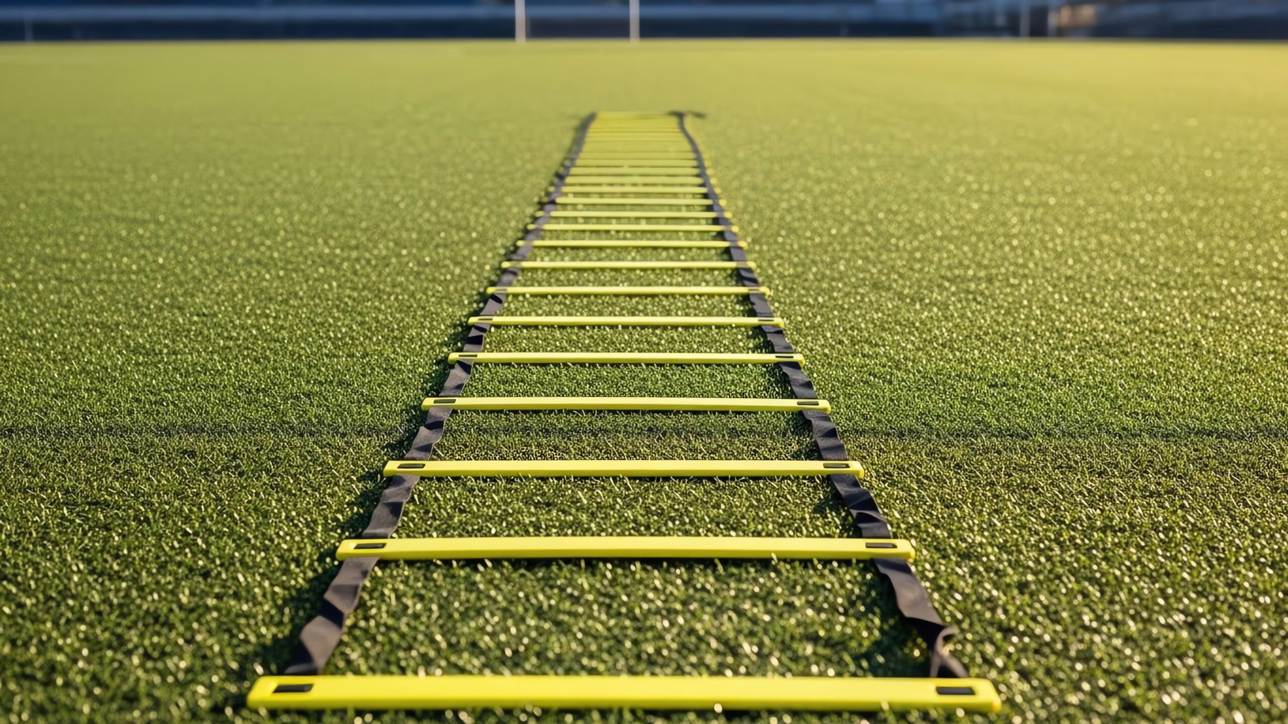 Realistic image of a yellow and black agility ladder on green turf.
