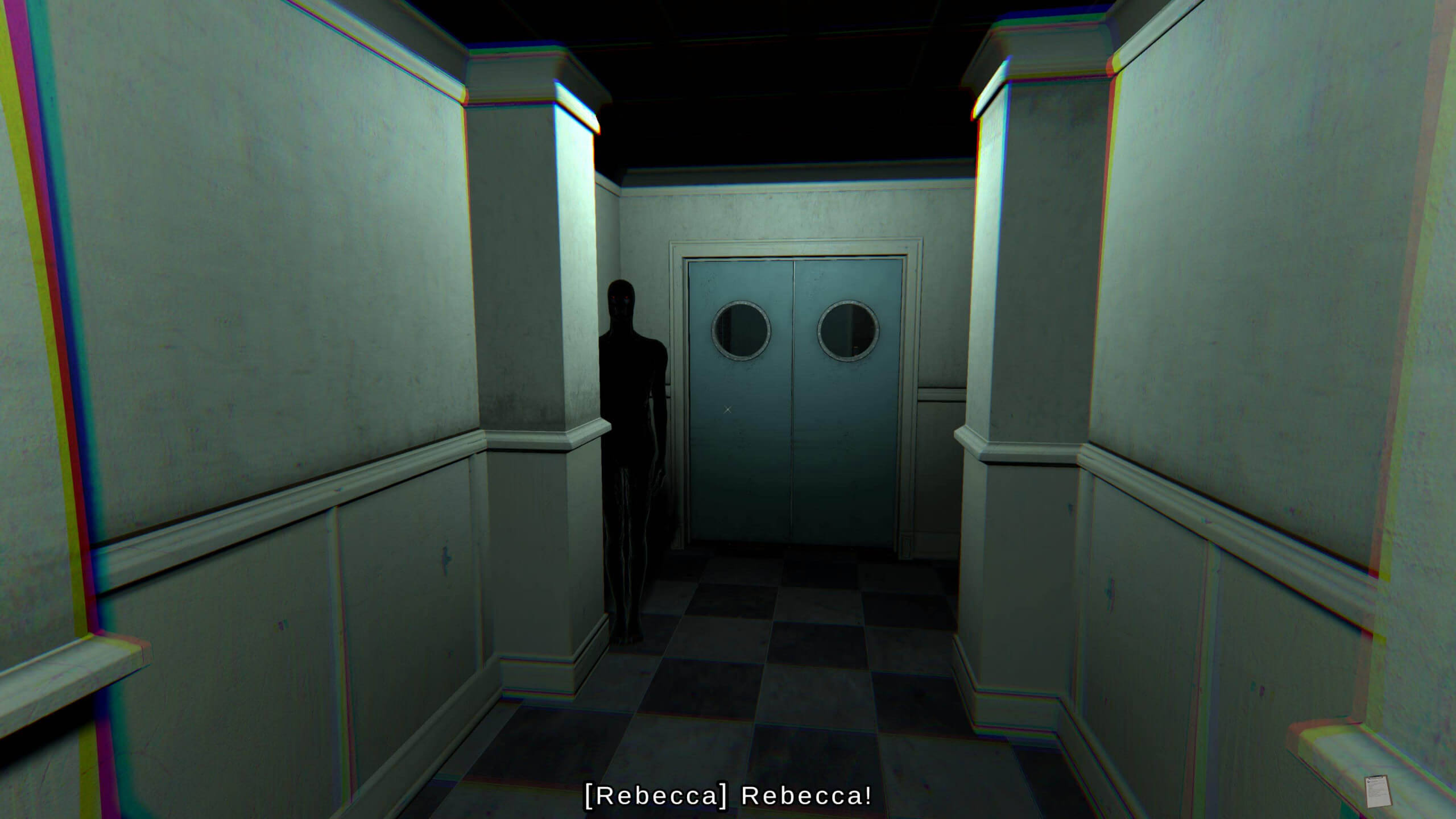 Screenshot from Mortuary Assistant. The player is looking at a double door at the end of a corridor. There is a black figure with red eyes hiding behind a part of the wall that sticks out. The subtitles show that something is calling the player's name.