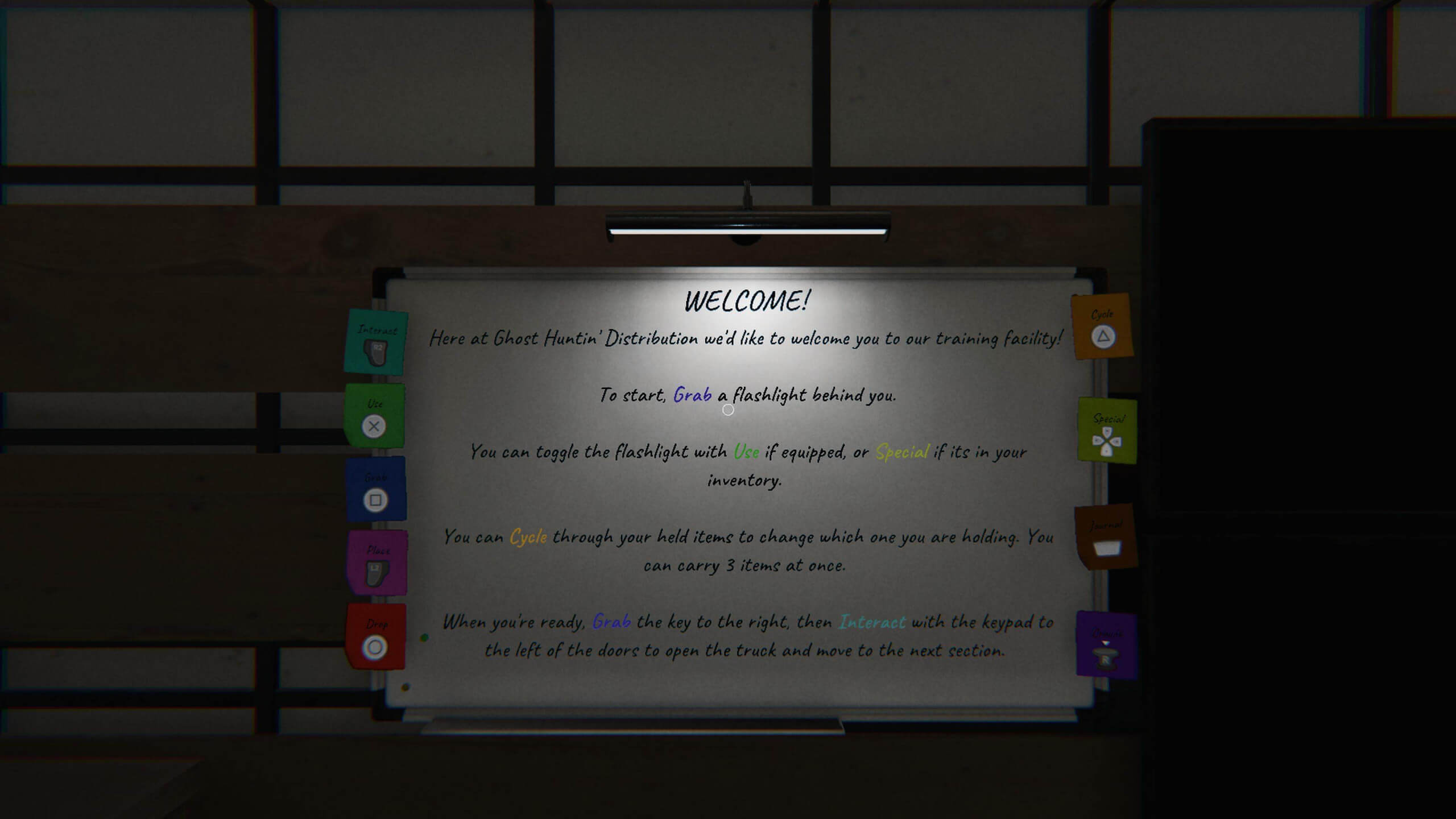 A dark room with a "Welcome" sign and instructions for a ghost hunting game, showing control keys.